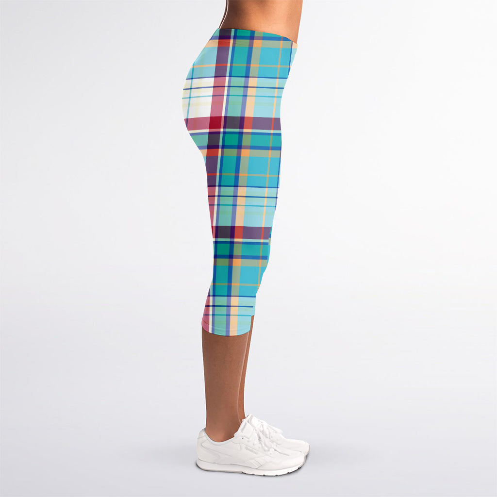 Blue And Red Madras Pattern Print Women's Capri Leggings