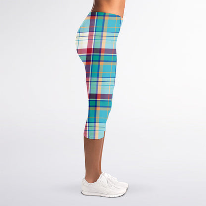Blue And Red Madras Pattern Print Women's Capri Leggings