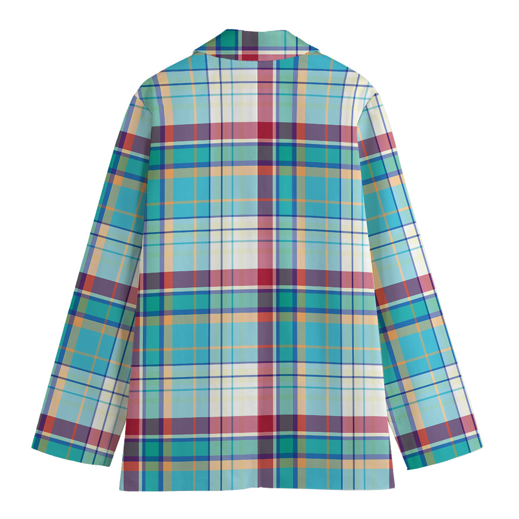 Blue And Red Madras Pattern Print Women's Cotton Blazer