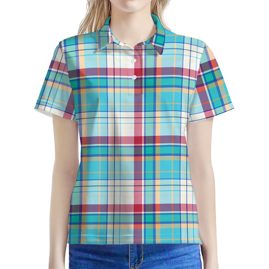 Blue And Red Madras Pattern Print Women's Polo Shirt