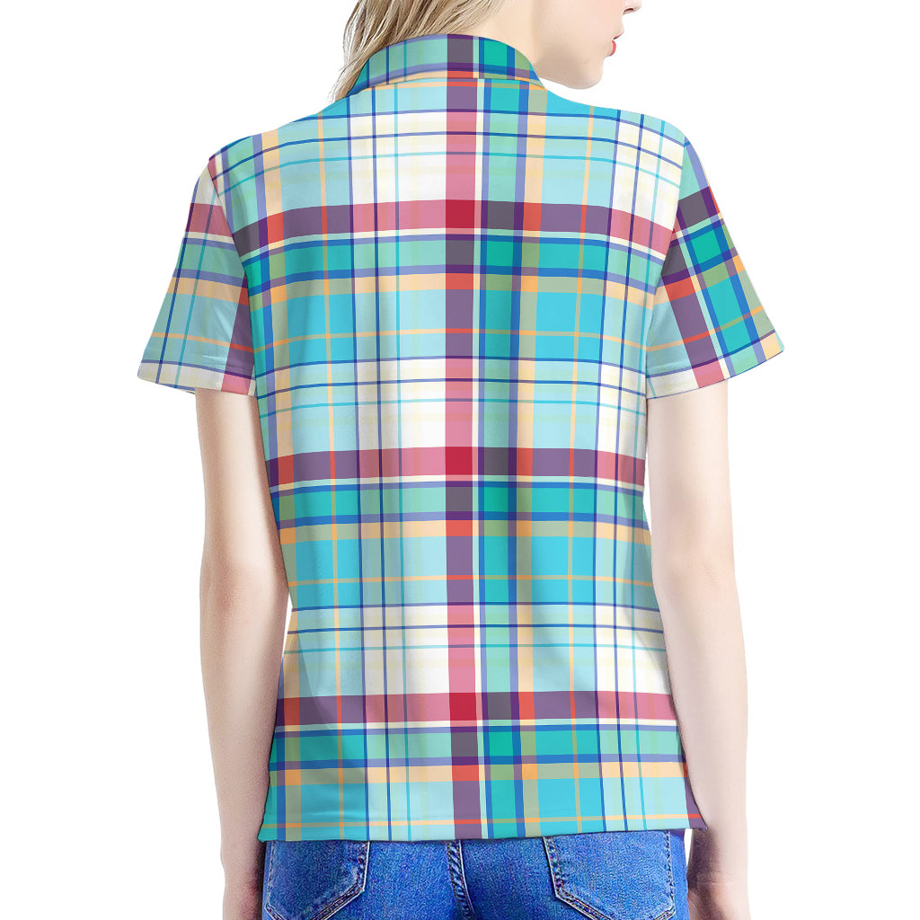 Blue And Red Madras Pattern Print Women's Polo Shirt