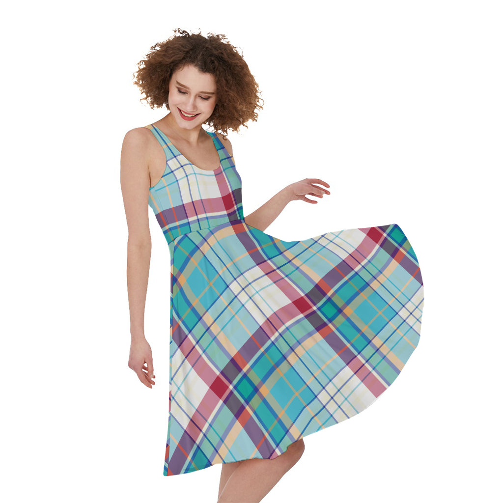 Blue And Red Madras Pattern Print Women's Sleeveless Dress
