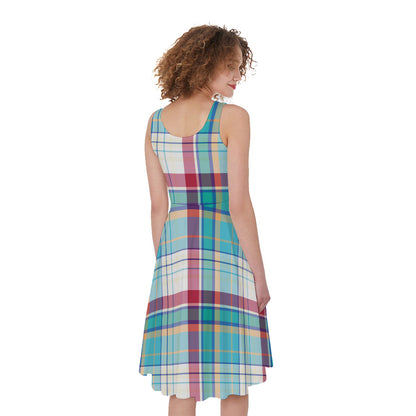 Blue And Red Madras Pattern Print Women's Sleeveless Dress