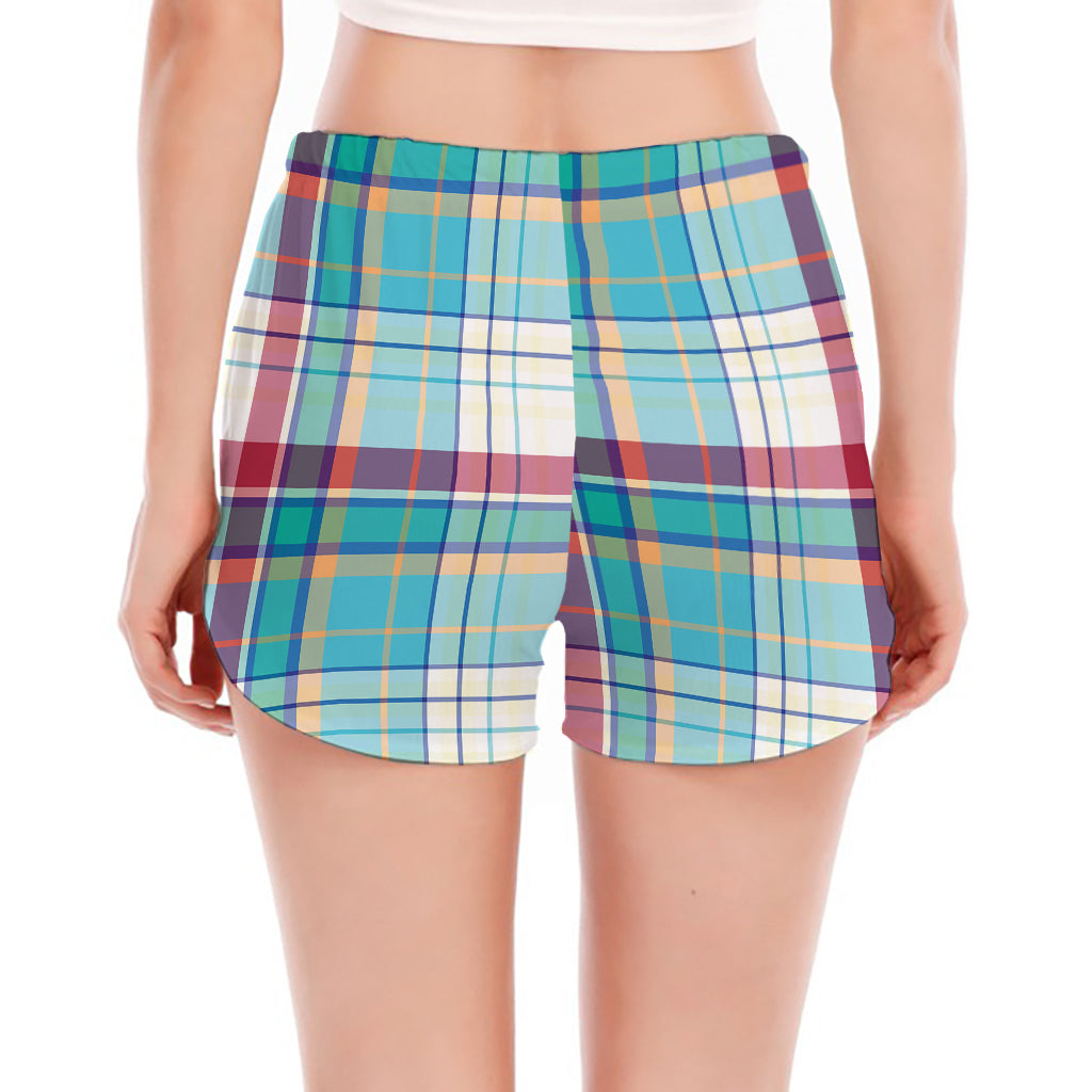 Blue And Red Madras Pattern Print Women's Split Running Shorts