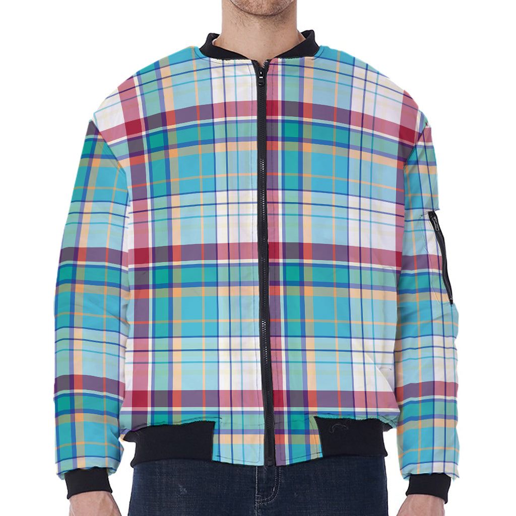 Blue And Red Madras Pattern Print Zip Sleeve Bomber Jacket