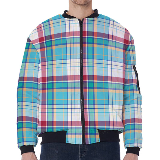 Blue And Red Madras Pattern Print Zip Sleeve Bomber Jacket