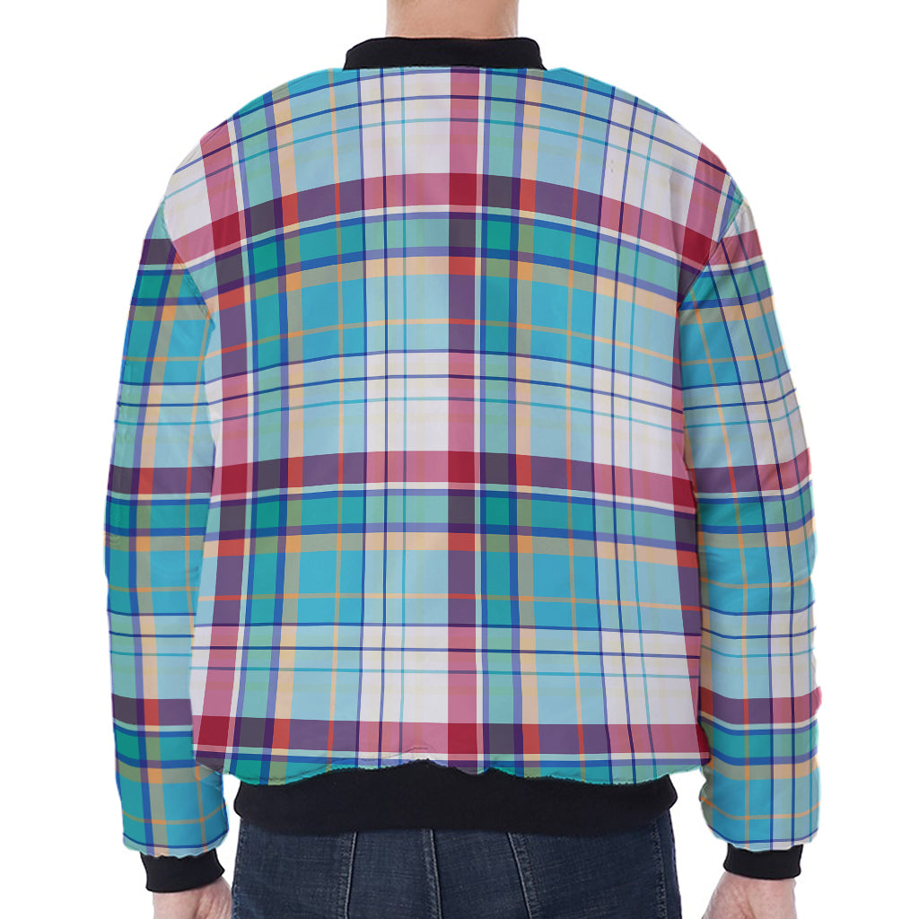 Blue And Red Madras Pattern Print Zip Sleeve Bomber Jacket