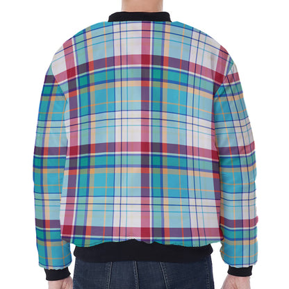Blue And Red Madras Pattern Print Zip Sleeve Bomber Jacket
