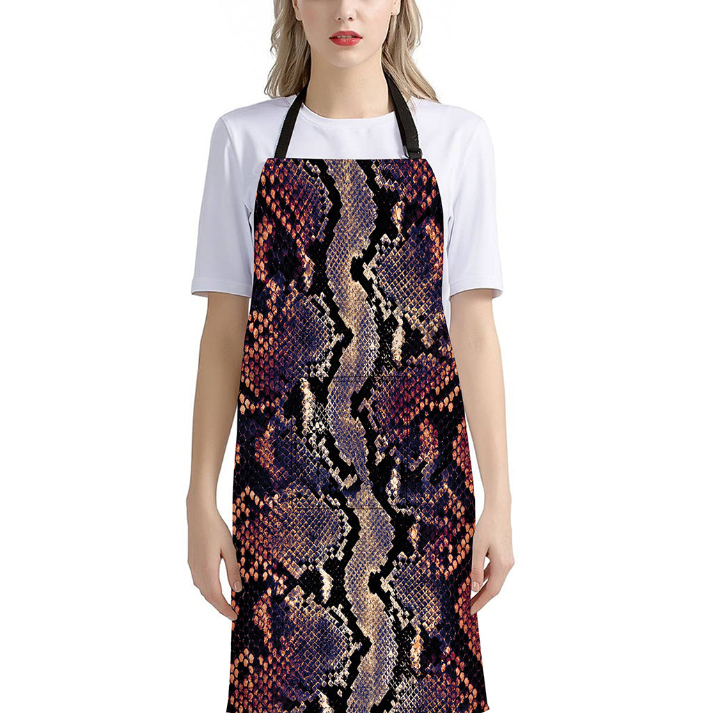 Blue And Red Snakeskin Print Bib Apron With Pocket