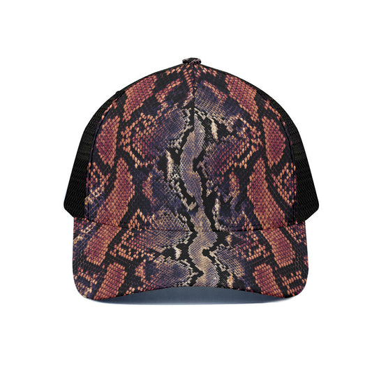 Blue And Red Snakeskin Print Black Mesh Trucker Cap