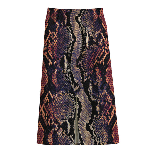 Blue And Red Snakeskin Print Cotton Front Slit Maxi Skirt