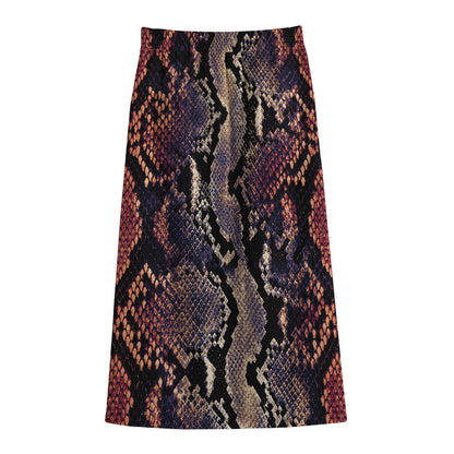 Blue And Red Snakeskin Print Cotton Front Slit Maxi Skirt