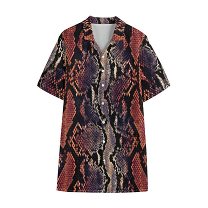 Blue And Red Snakeskin Print Cotton Hawaiian Shirt