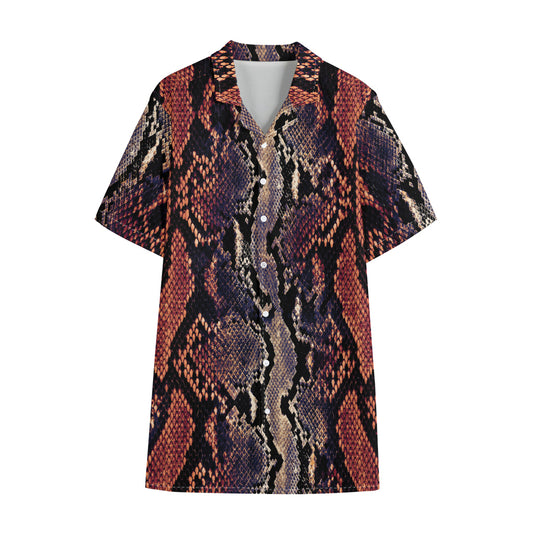 Blue And Red Snakeskin Print Cotton Hawaiian Shirt