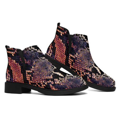 Blue And Red Snakeskin Print Flat Ankle Boots