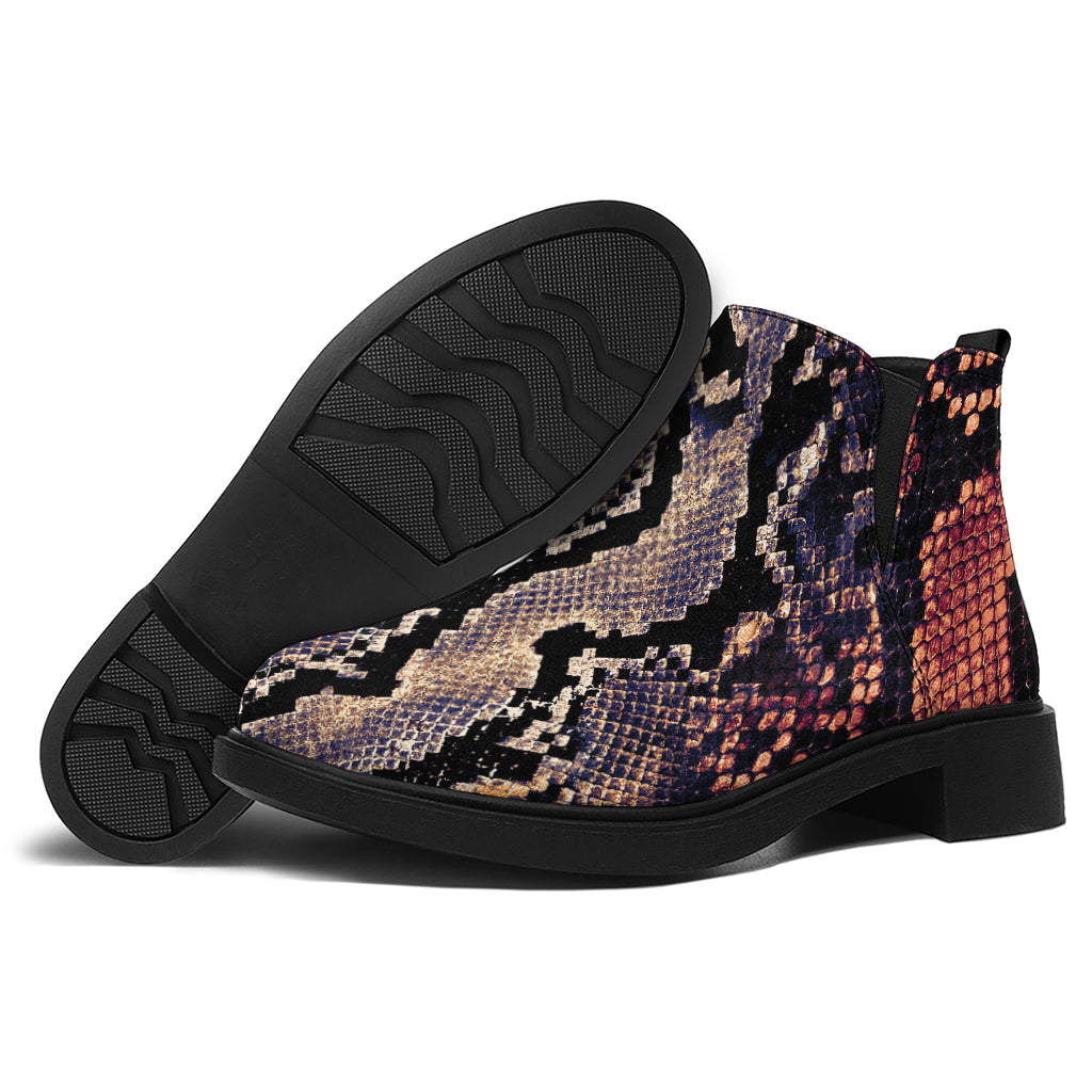 Blue And Red Snakeskin Print Flat Ankle Boots
