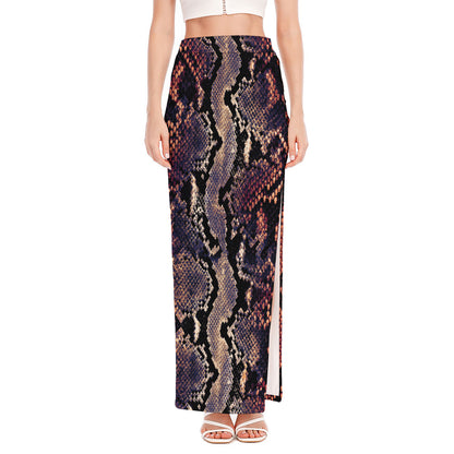 Blue And Red Snakeskin Print High Slit Maxi Skirt