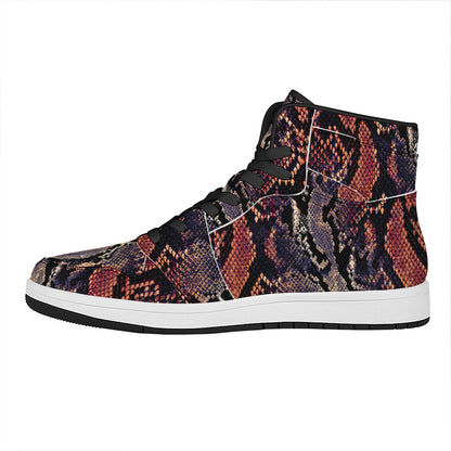 Blue And Red Snakeskin Print High Top Leather Sneakers