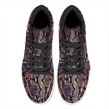 Blue And Red Snakeskin Print High Top Leather Sneakers