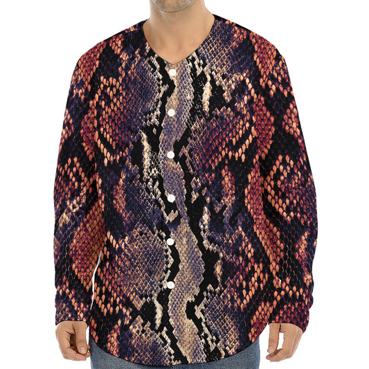 Blue And Red Snakeskin Print Long Sleeve Baseball Jersey