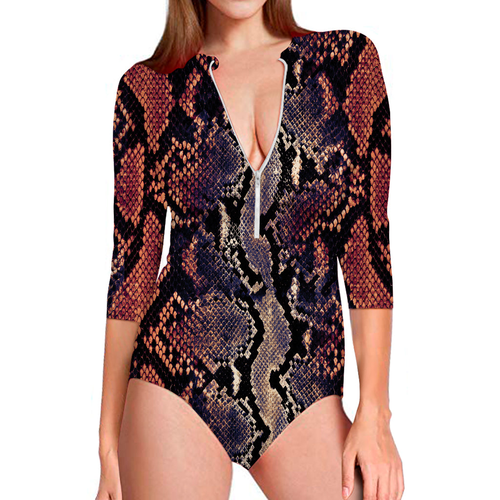 Blue And Red Snakeskin Print Long Sleeve Swimsuit