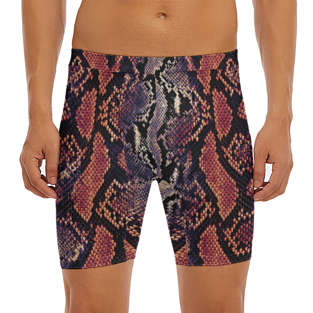 Blue And Red Snakeskin Print Men's Long Boxer Briefs
