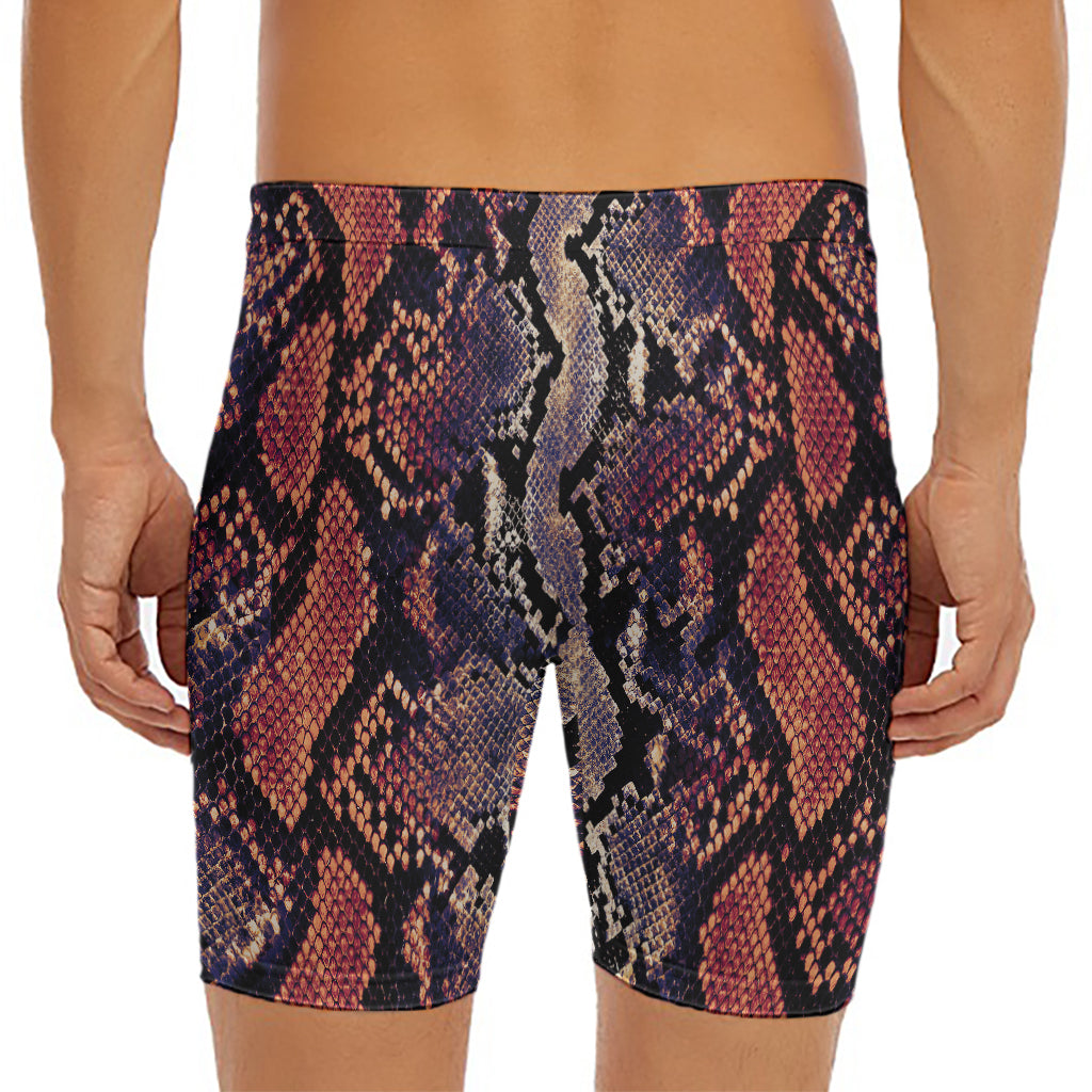 Blue And Red Snakeskin Print Men's Long Boxer Briefs