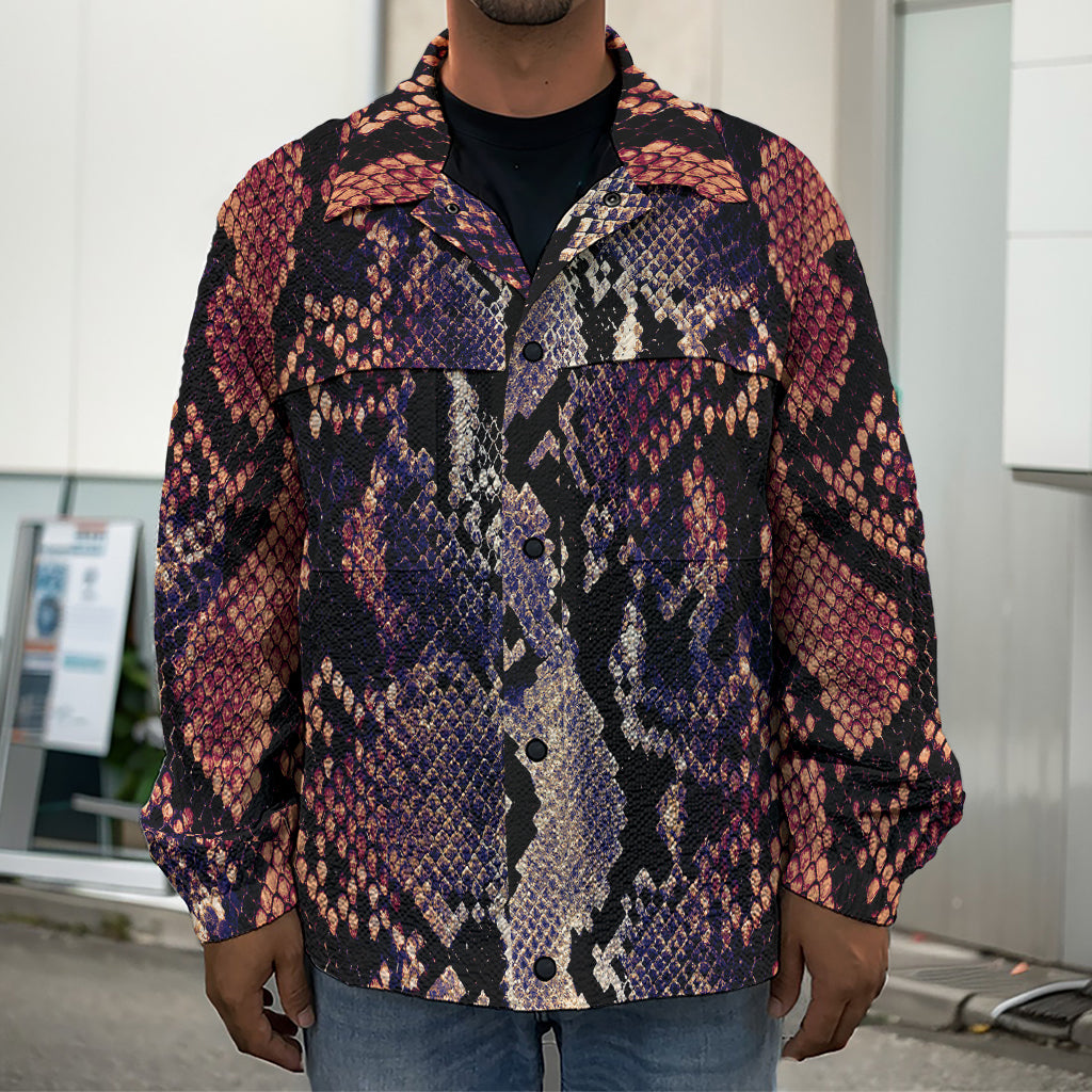 Blue And Red Snakeskin Print Men's Shirt Jacket