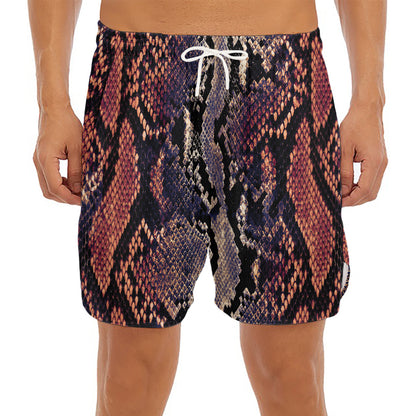 Blue And Red Snakeskin Print Men's Split Running Shorts