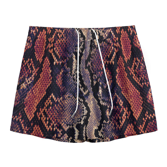 Blue And Red Snakeskin Print Mesh Shorts