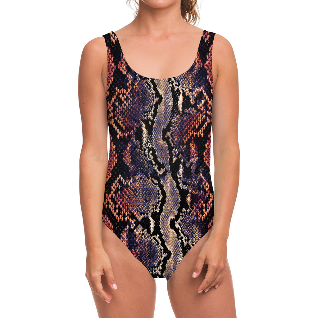 Blue And Red Snakeskin Print One Piece Swimsuit