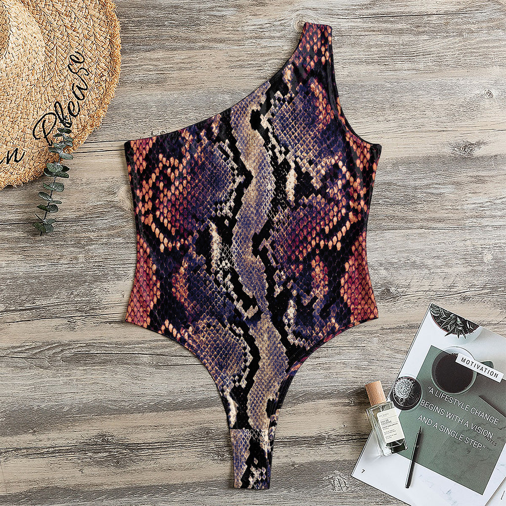 Blue And Red Snakeskin Print One Shoulder Bodysuit