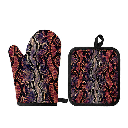 Blue And Red Snakeskin Print Oven Mitt And Pot Holder Set
