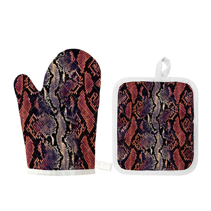 Blue And Red Snakeskin Print Oven Mitt And Pot Holder Set