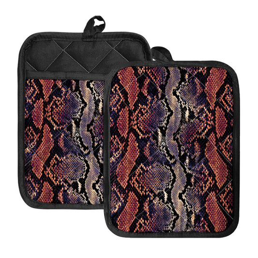 Blue And Red Snakeskin Print Pot Holders With Pocket