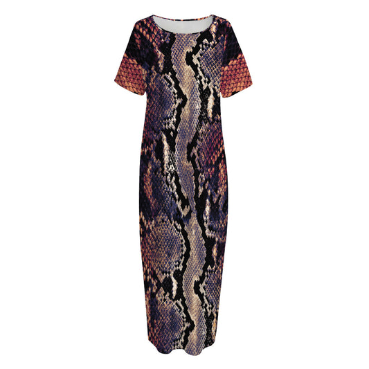 Blue And Red Snakeskin Print Short Sleeve Long Nightdress