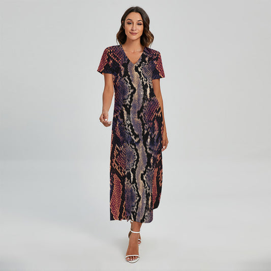 Blue And Red Snakeskin Print Short Sleeve Maxi Dress