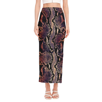 Blue And Red Snakeskin Print Side Slit Maxi Skirt