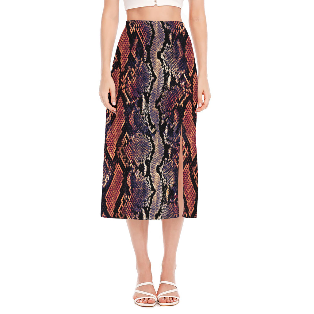 Blue And Red Snakeskin Print Side Slit Midi Skirt