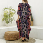 Blue And Red Snakeskin Print Silk V-Neck Kaftan Dress