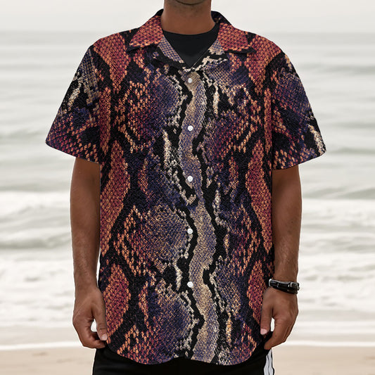 Blue And Red Snakeskin Print Textured Short Sleeve Shirt