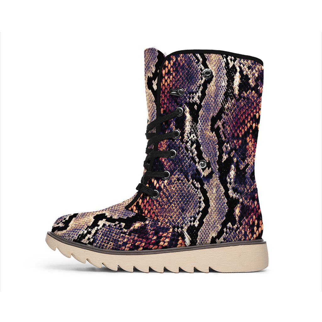Blue And Red Snakeskin Print Winter Boots