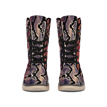 Blue And Red Snakeskin Print Winter Boots