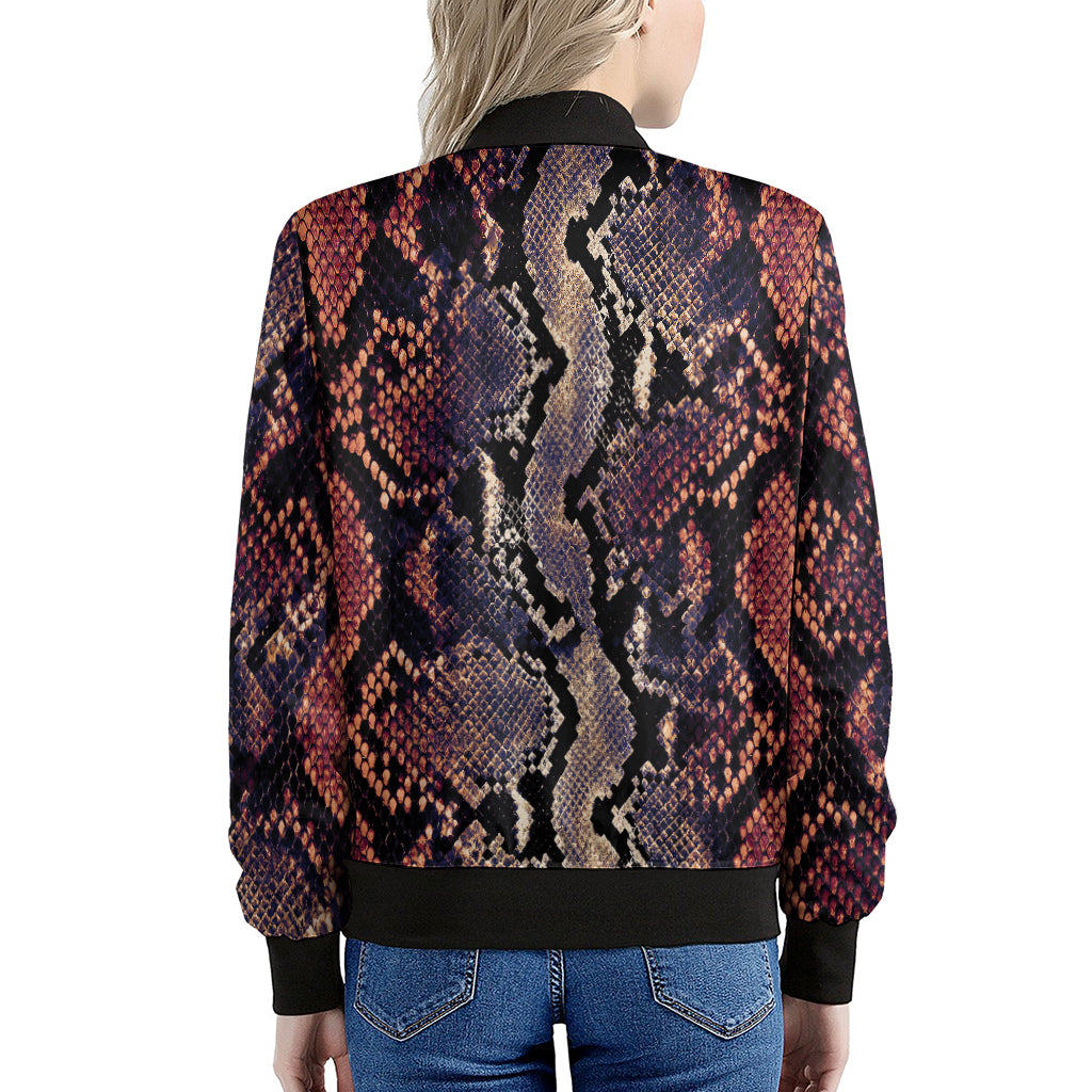 Blue And Red Snakeskin Print Women's Bomber Jacket