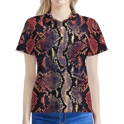 Blue And Red Snakeskin Print Women's Polo Shirt