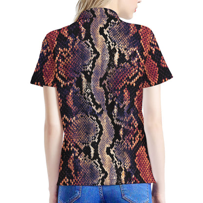 Blue And Red Snakeskin Print Women's Polo Shirt