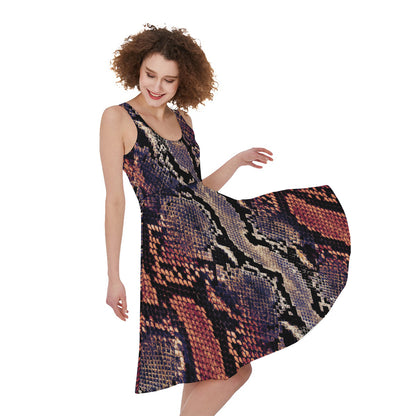 Blue And Red Snakeskin Print Women's Sleeveless Dress