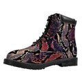 Blue And Red Snakeskin Print Padded Collar Lace Up Boots