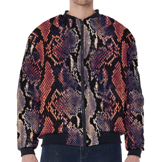 Blue And Red Snakeskin Print Zip Sleeve Bomber Jacket