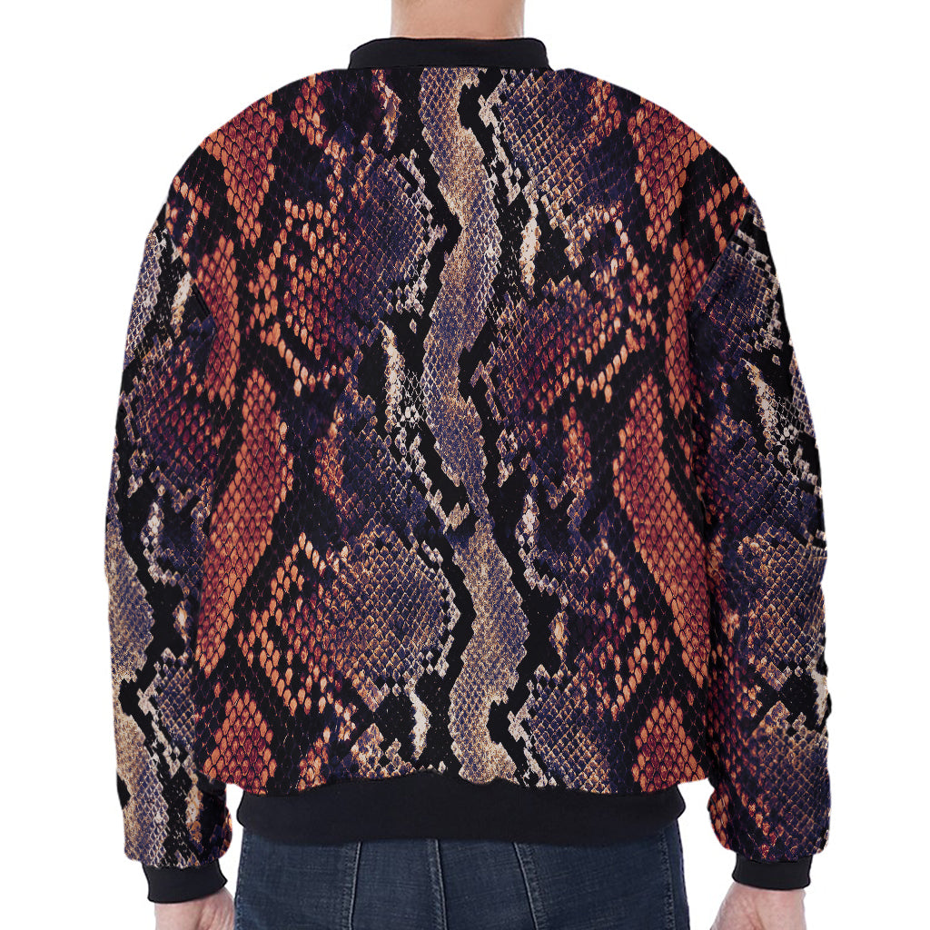 Blue And Red Snakeskin Print Zip Sleeve Bomber Jacket